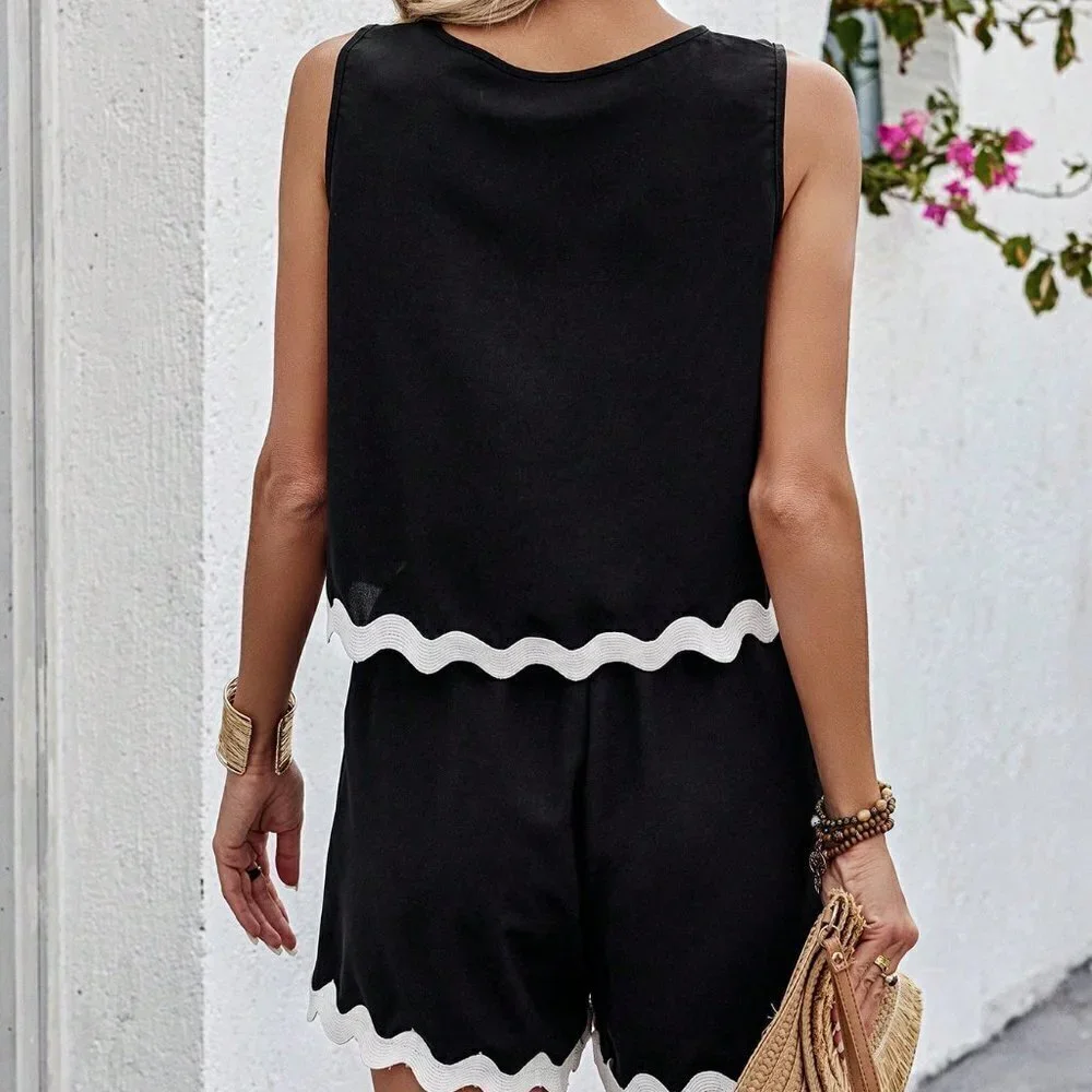 Black Casual Womens Colorblock Seashell Edge Weave Belt Detail Set - Picture 3 of 5